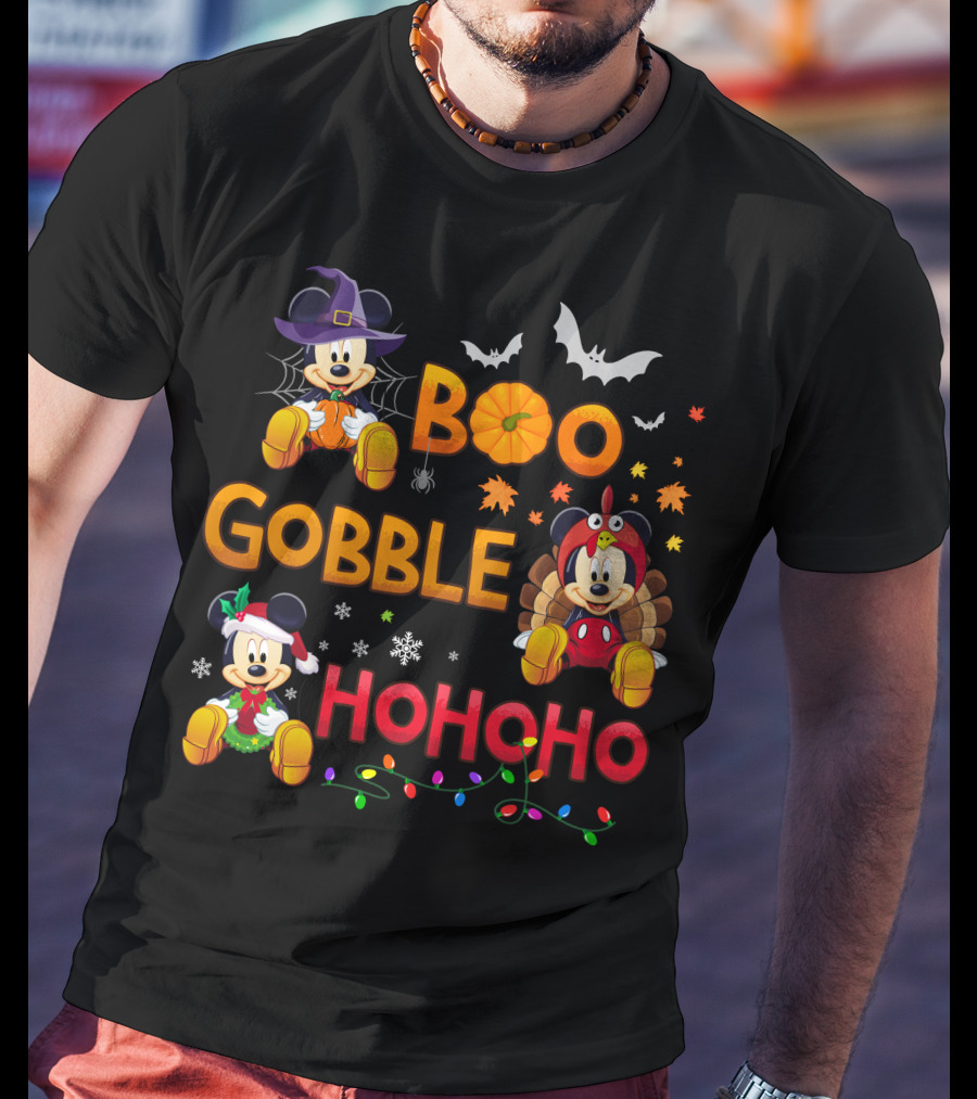 Boo Gobble Hohoho Mickey Mouse Halloween Thanksgiving Christmas T-Shirt