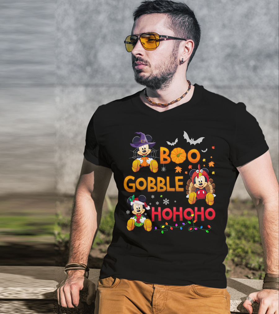 Boo Gobble Hohoho Mickey Mouse Halloween Thanksgiving Christmas T-Shirt