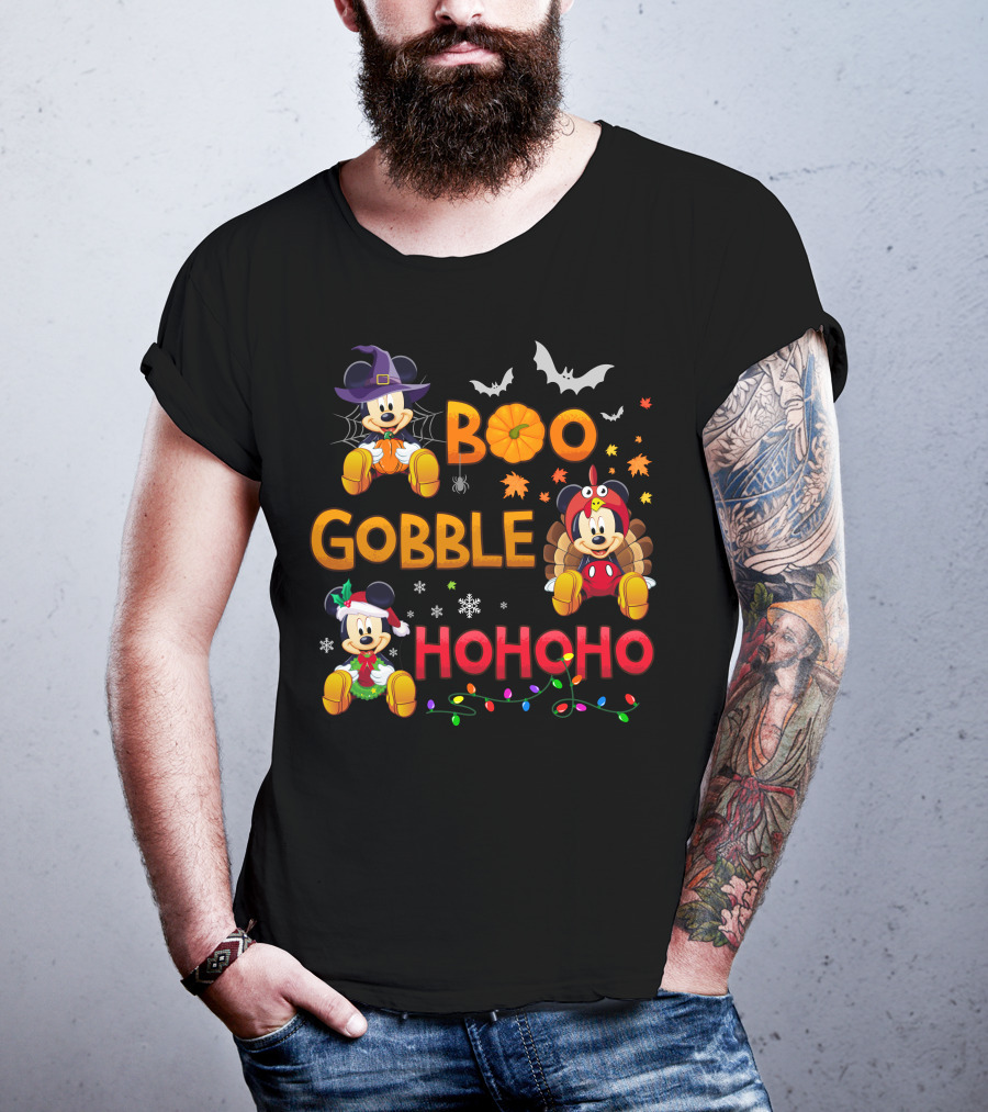 Boo Gobble Hohoho Mickey Mouse Halloween Thanksgiving Christmas T-Shirt