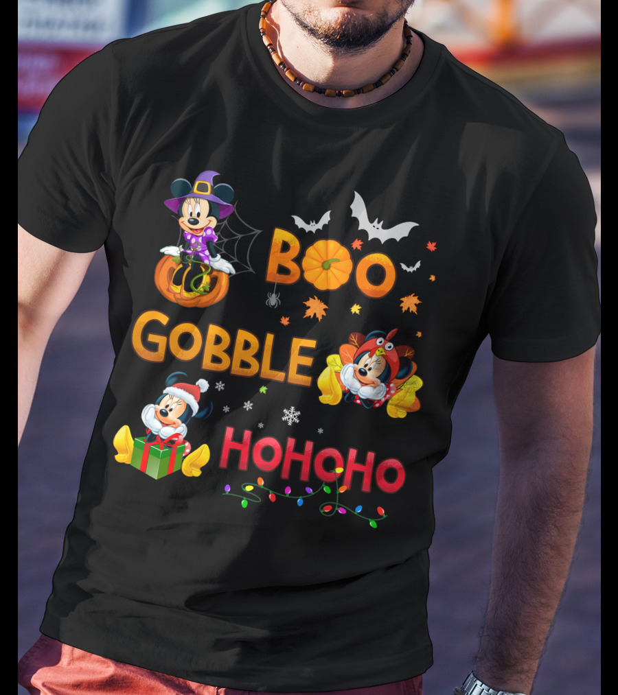 Boo Gobble Ho Ho Ho Minnie Halloween Thanksgiving Christmas T-Shirt