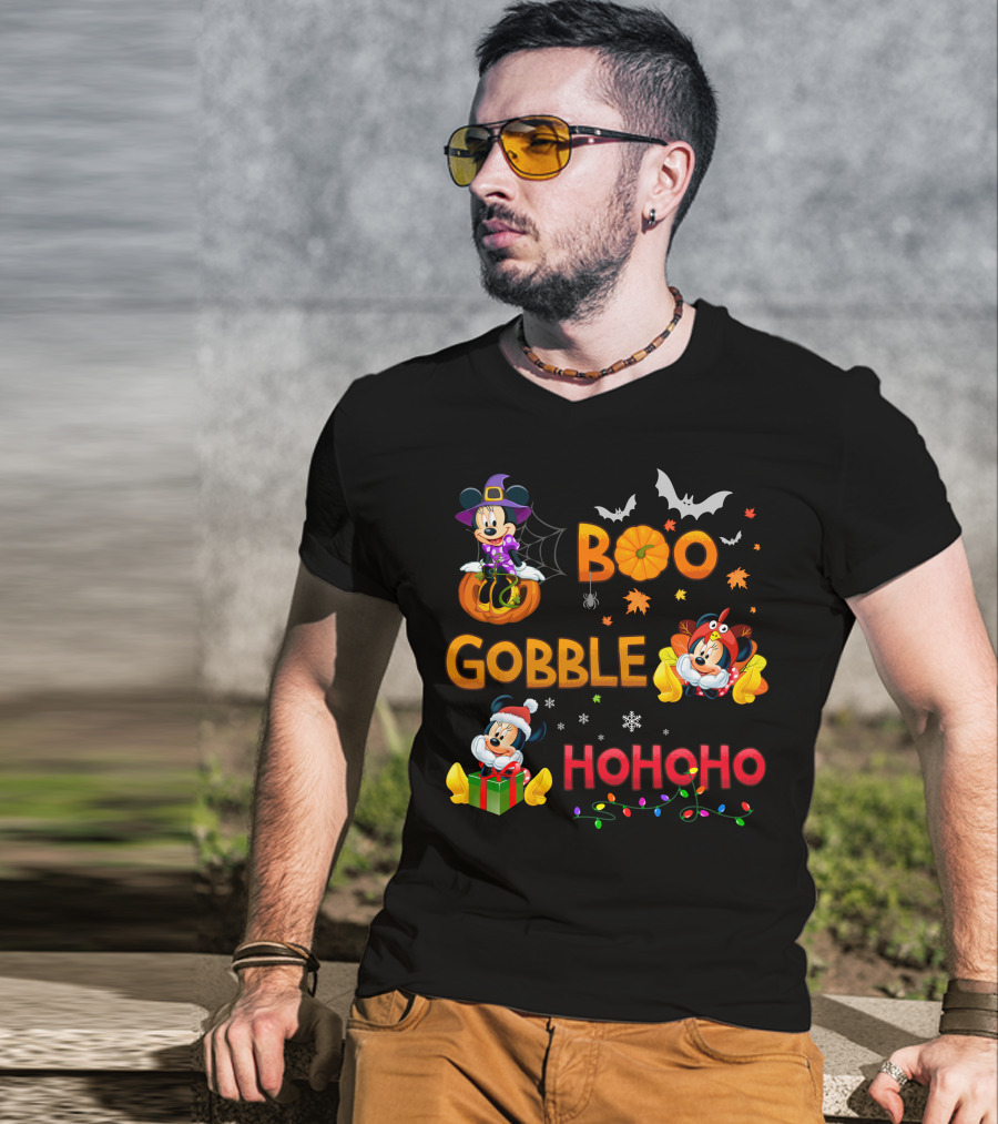 Boo Gobble Ho Ho Ho Minnie Halloween Thanksgiving Christmas T-Shirt