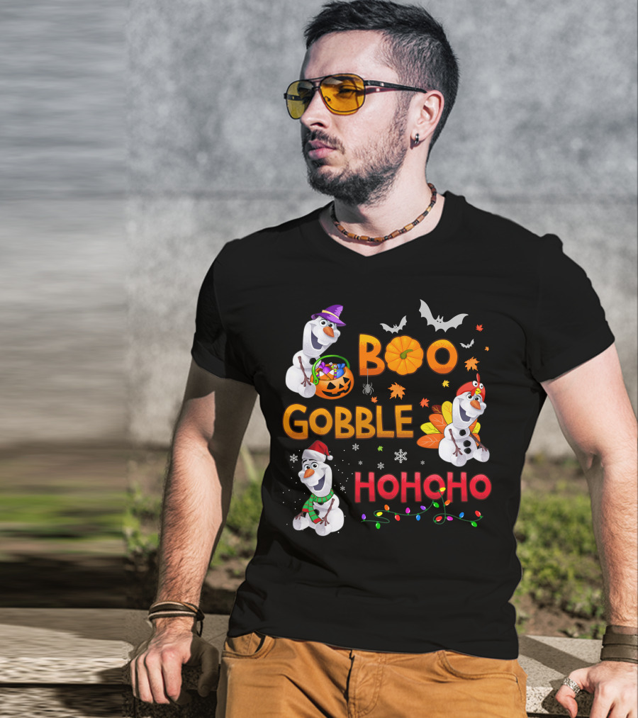 Boo Gobble Hohoho Olaf Halloween Thanksgiving Christmas T-Shirt