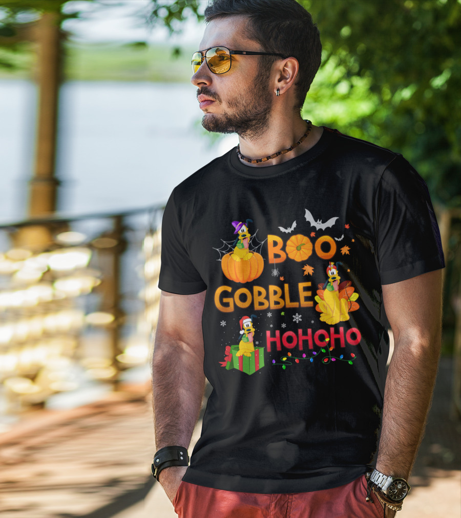 Boo Gobble Hohoho Pluto Halloween Thanksgiving Christmas T-Shirt