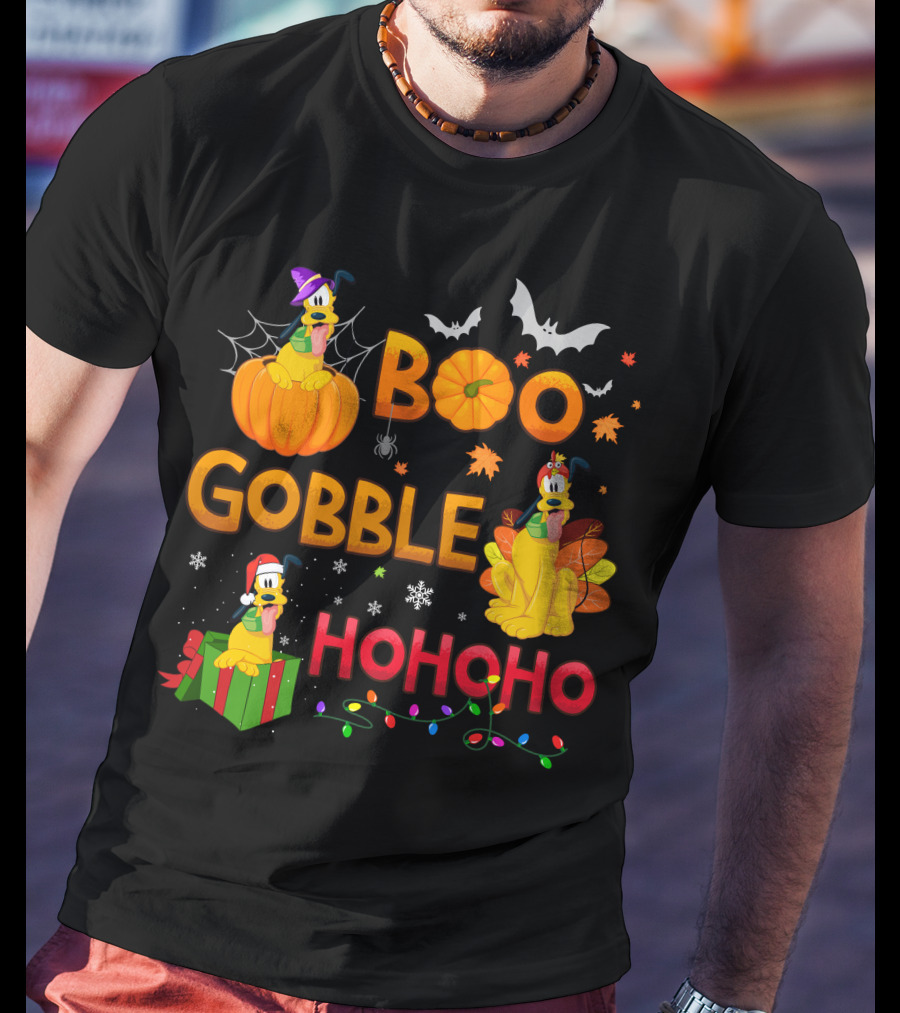 Boo Gobble Hohoho Pluto Halloween Thanksgiving Christmas T-Shirt