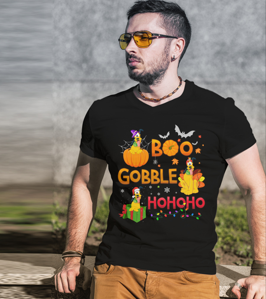 Boo Gobble Hohoho Pluto Halloween Thanksgiving Christmas T-Shirt