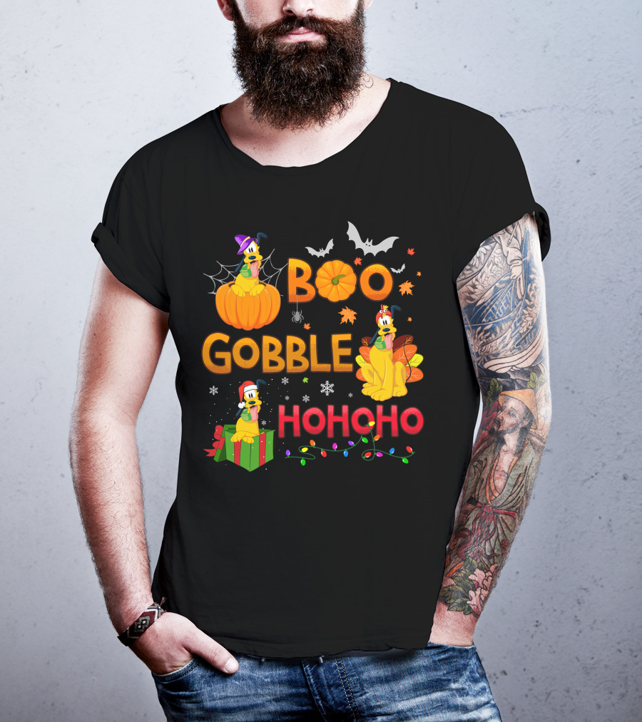 Boo Gobble Hohoho Pluto Halloween Thanksgiving Christmas T-Shirt