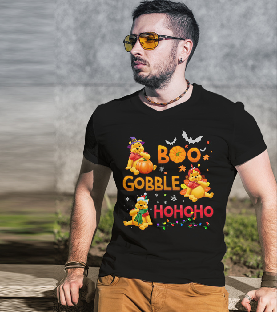 Boo Gobble Hohoho Pumpkin Bat Leaves Pooh T-Shirt