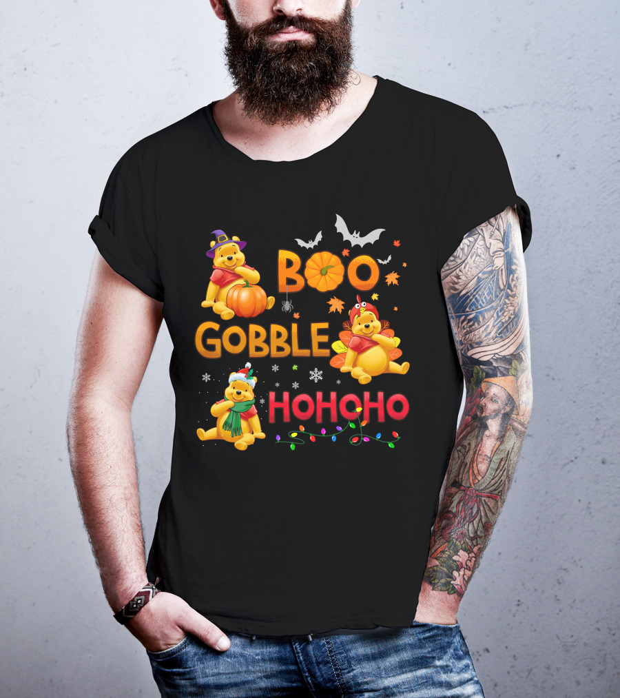 Boo Gobble Hohoho Pumpkin Bat Leaves Pooh T-Shirt