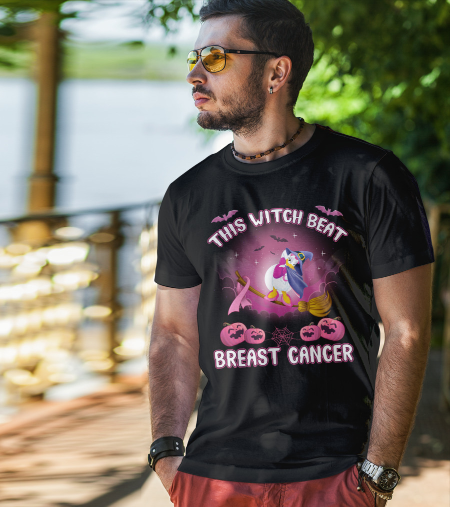 This Witch Beat Breast Cancer Daisy D Broom Pink Ribbon Pumpkins Bat Night Sky T-Shirt