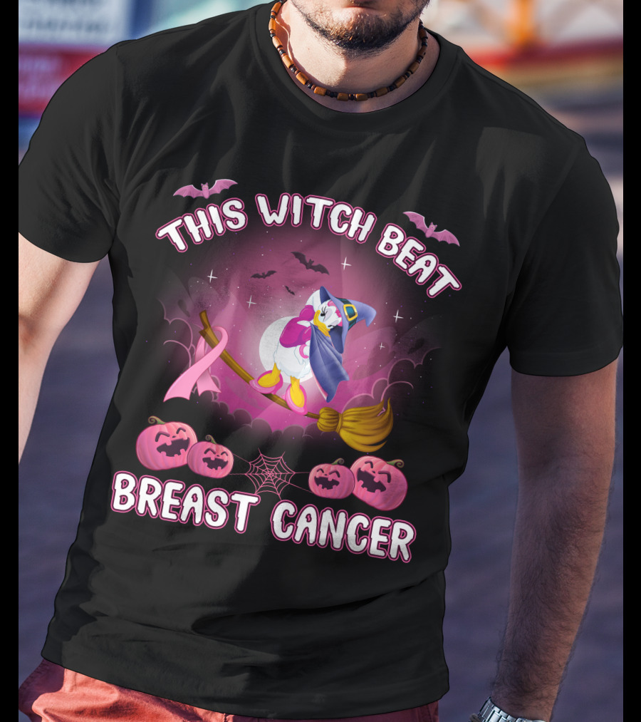This Witch Beat Breast Cancer Daisy D Broom Pink Ribbon Pumpkins Bat Night Sky T-Shirt