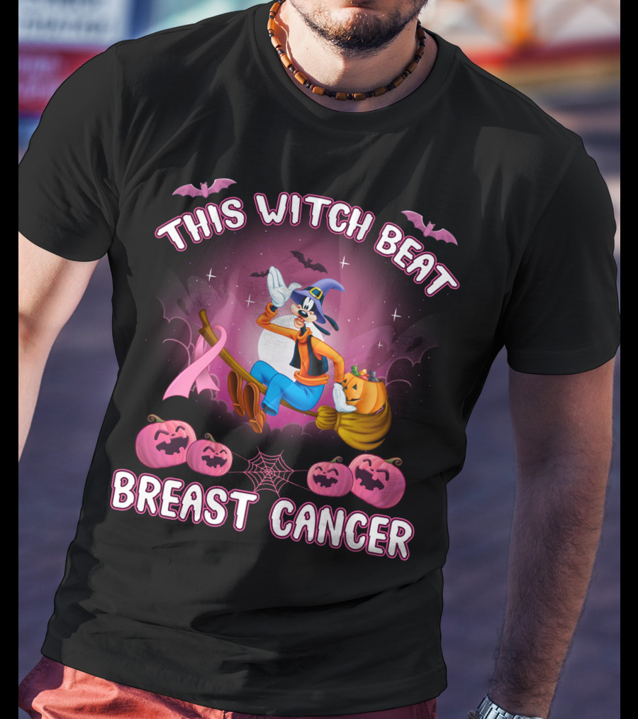 This Witch Beat Breast Cancer Goofy D Halloween Pumpkins Broom Ribbon T-Shirt