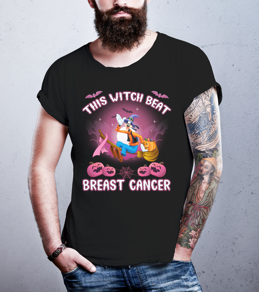 This Witch Beat Breast Cancer Goofy D Halloween Pumpkins Broom Ribbon T-Shirt
