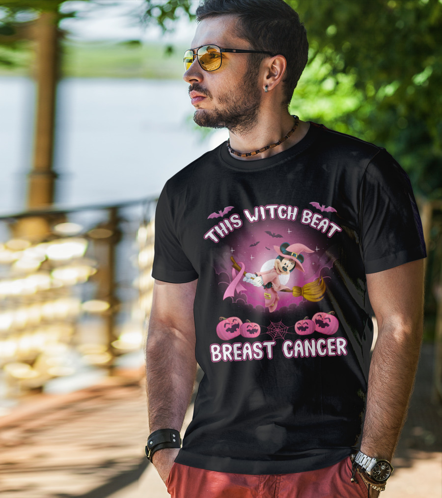 This Witch Beat Breast Cancer Minnie Witch Hat Pink Broom Halloween T-Shirt