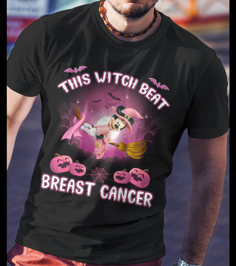This Witch Beat Breast Cancer Minnie Witch Hat Pink Broom Halloween T-Shirt