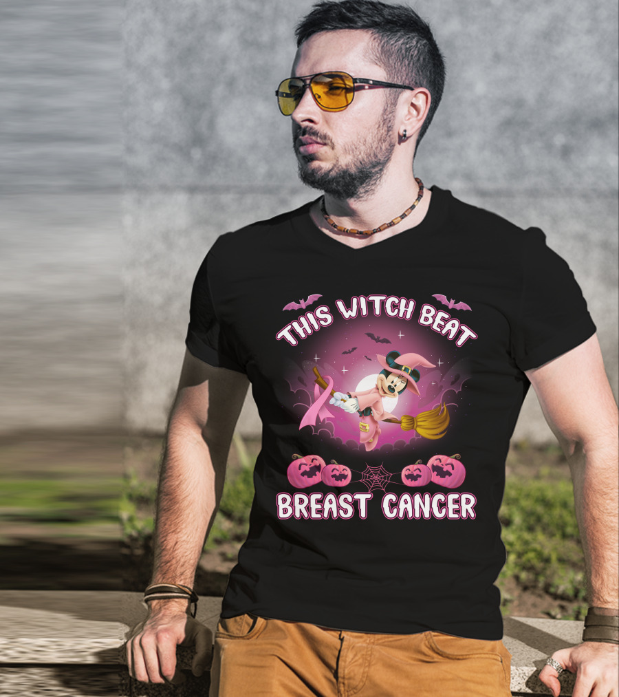 This Witch Beat Breast Cancer Minnie Witch Hat Pink Broom Halloween T-Shirt