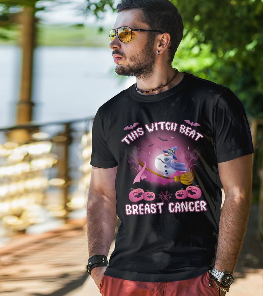 This Witch Beat Breast Cancer Olaf Broomstick Pink Ribbon Halloween Pumpkin Bat Moon T-Shirt