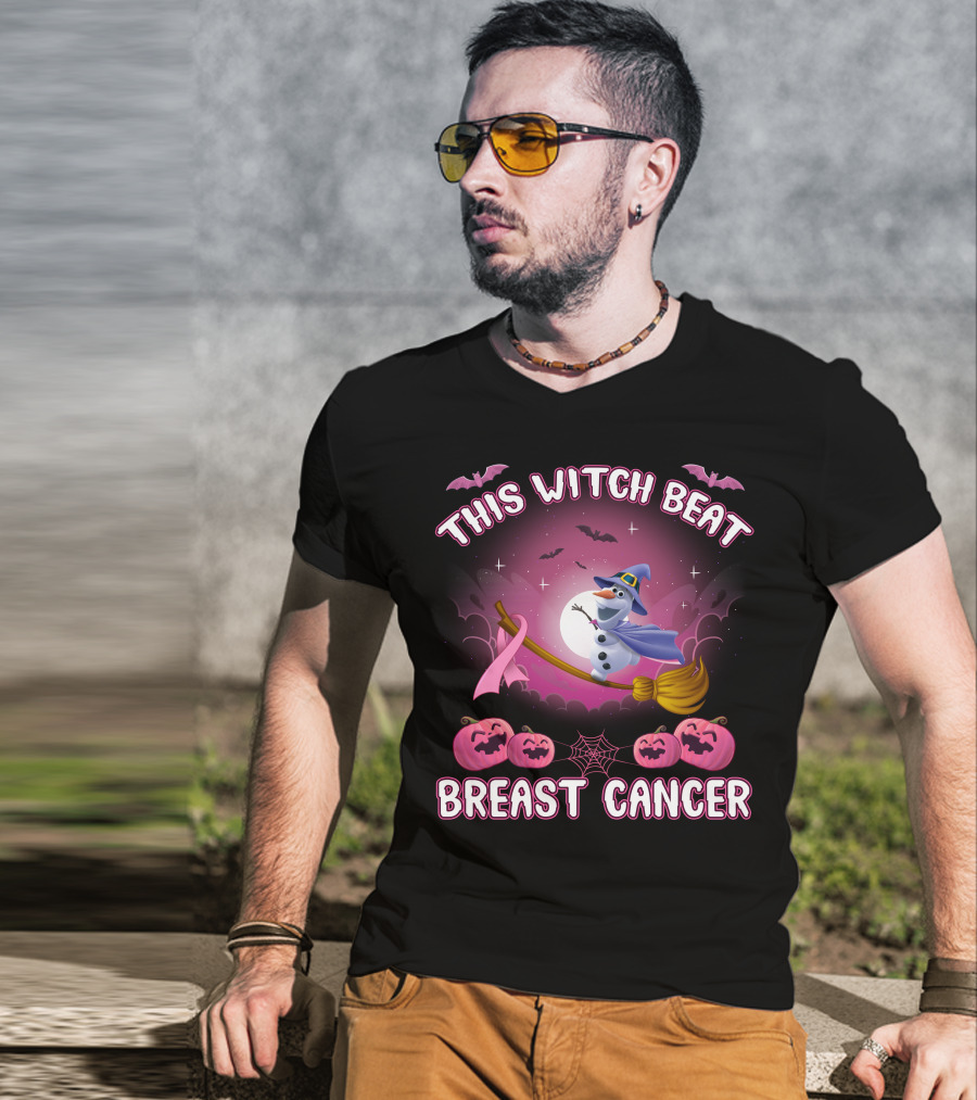 This Witch Beat Breast Cancer Olaf Broomstick Pink Ribbon Halloween Pumpkin Bat Moon T-Shirt