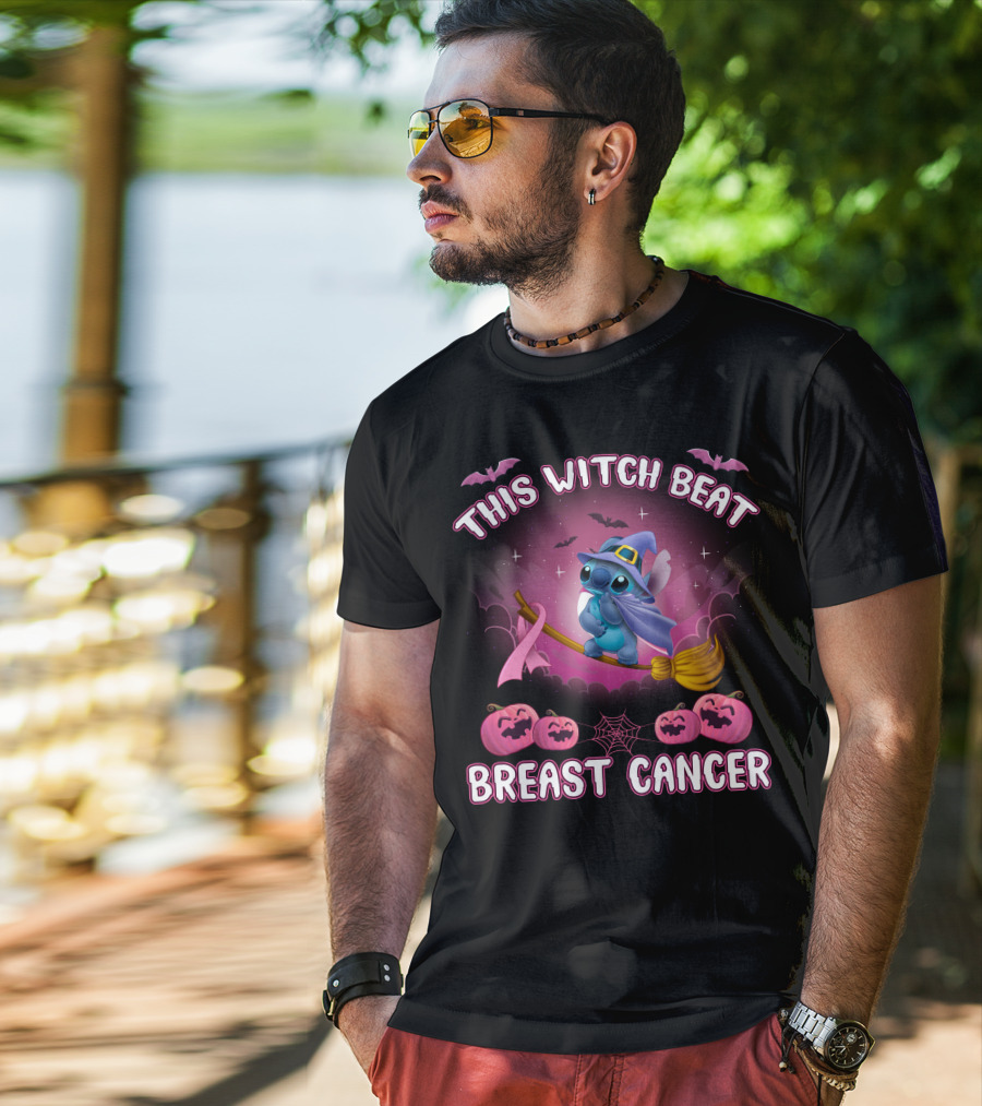 This Witch Beat Breast Cancer Stitch Riding Broom With Pumpkins And Bats T-Shirt