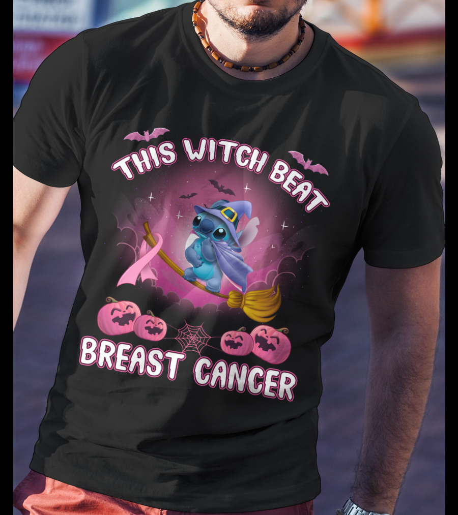 This Witch Beat Breast Cancer Stitch Riding Broom With Pumpkins And Bats T-Shirt