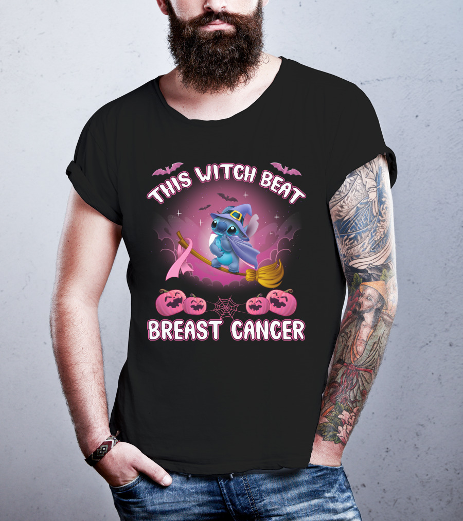 This Witch Beat Breast Cancer Stitch Riding Broom With Pumpkins And Bats T-Shirt