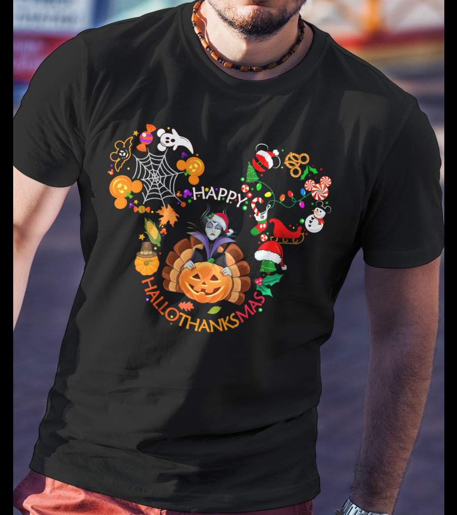 Happy Hallothanksmas Maleficent Halloween Thanksgiving Christmas Magic T-Shirt