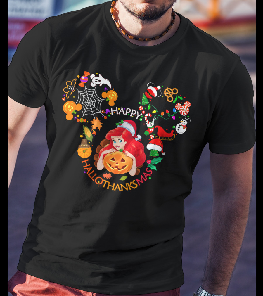 Happy Hallothanksmas Ariel Pumpkin Christmas Halloween Elements T-Shirt