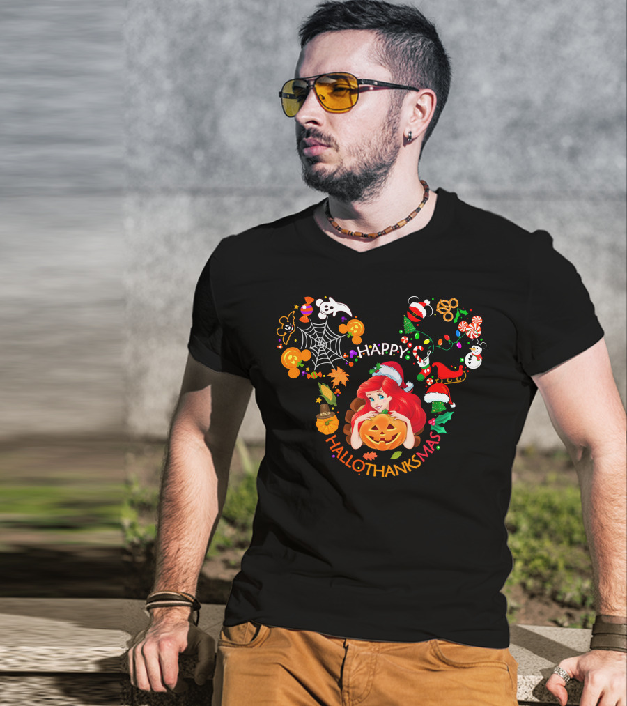 Happy Hallothanksmas Ariel Pumpkin Christmas Halloween Elements T-Shirt