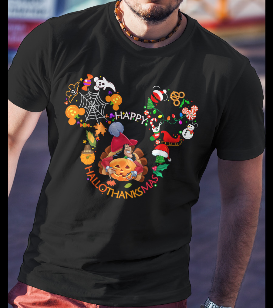 Happy Hallothanksmas Captain Hook Mickey Ears Halloween Thanksgiving Christmas Celebration T-Shirt