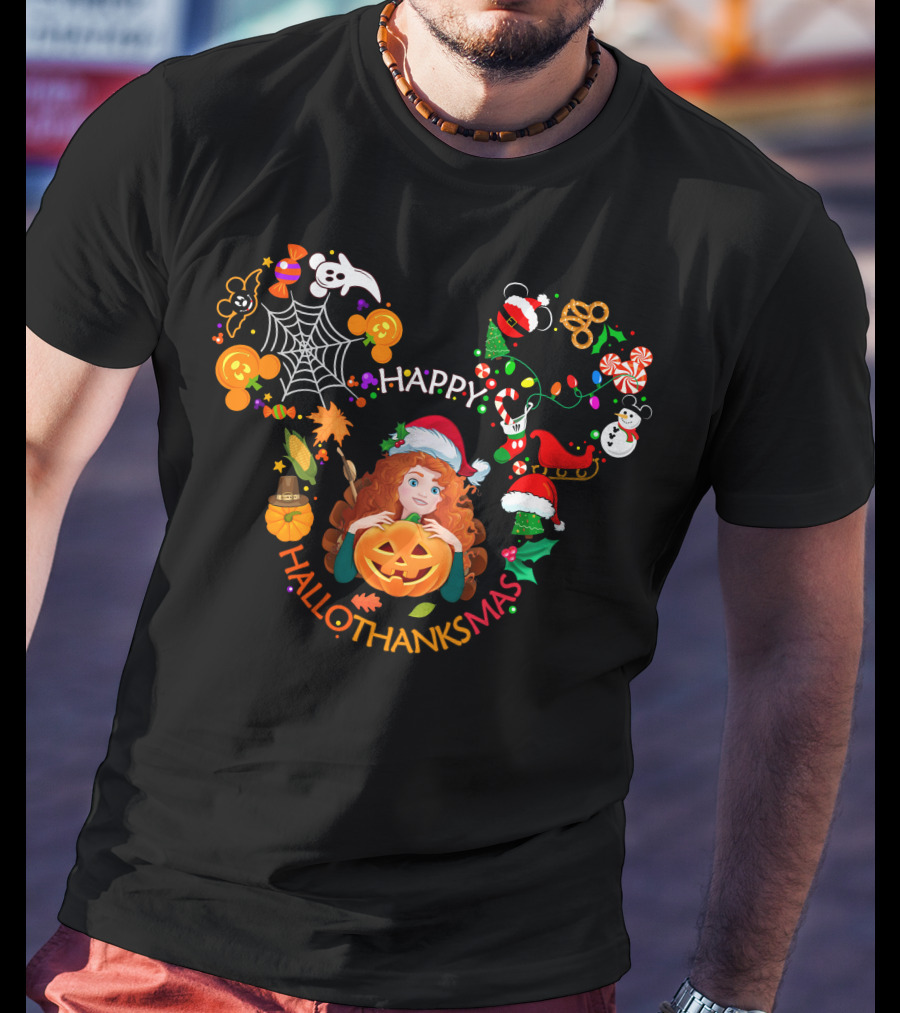 Happy Hallothanksmas Merida Pumpkin Santa Hat Mickey Ears T-Shirt