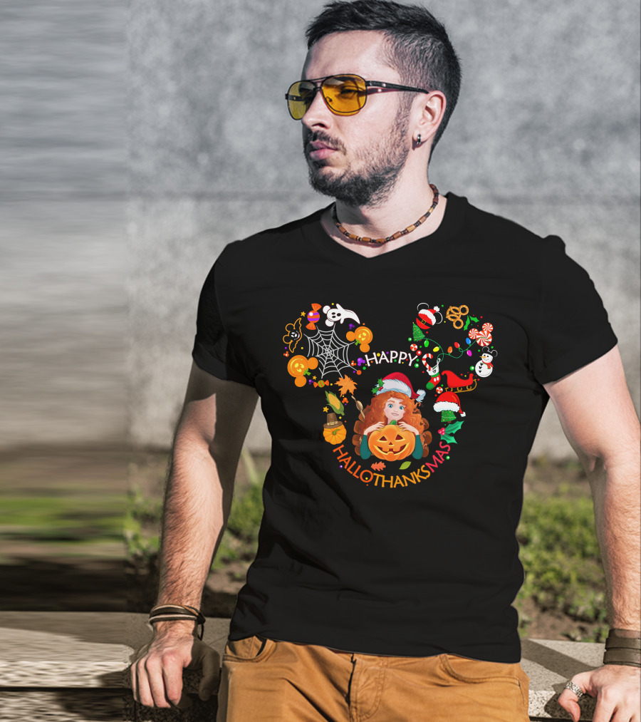 Happy Hallothanksmas Merida Pumpkin Santa Hat Mickey Ears T-Shirt