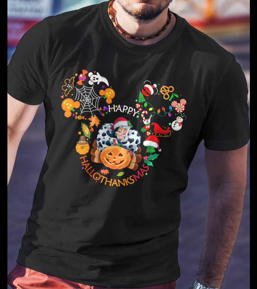 Happy Hallothanksmas Cruella De Vil Halloween Christmas Fusion T-Shirt
