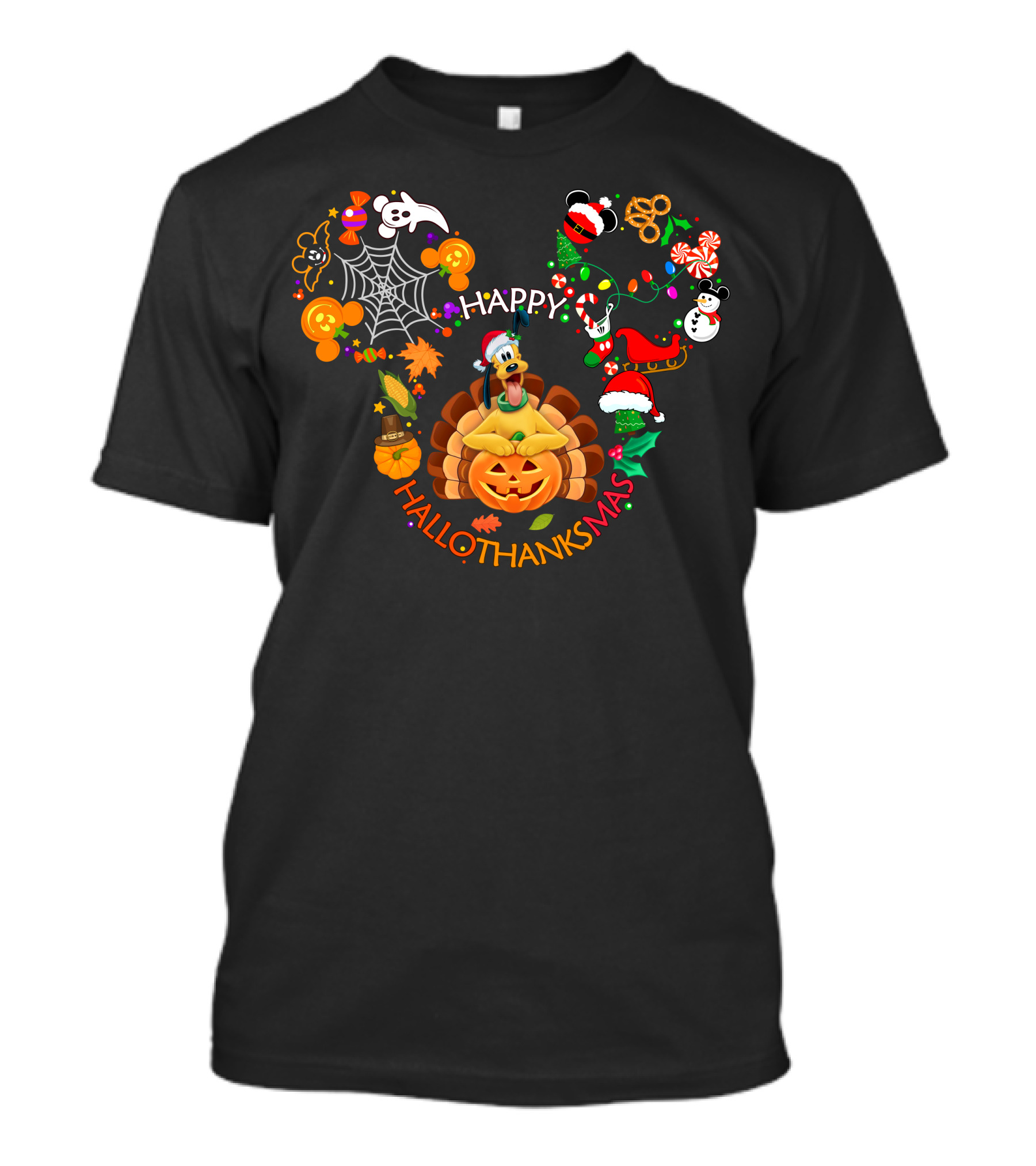 Happy Hallothanksmas Pluto Turkey Pumpkin Disney Characters T-Shirt