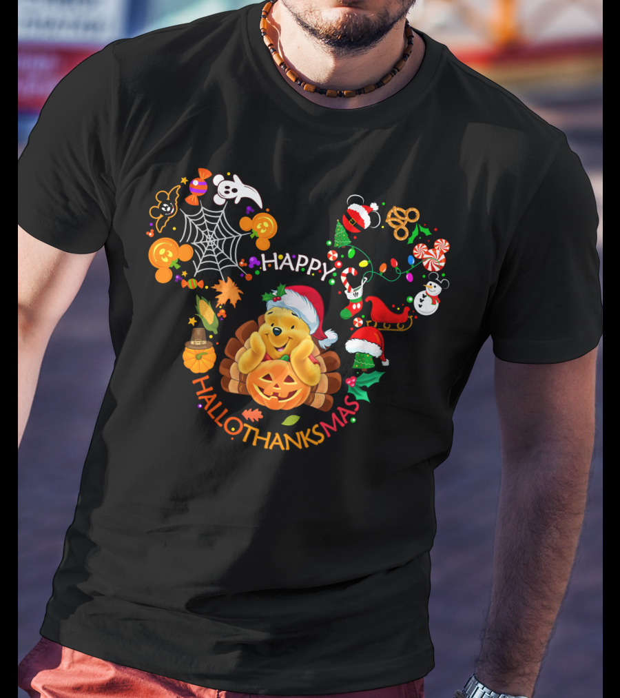 Happy Hallothanksmas Pooh Holiday Celebration T-Shirt