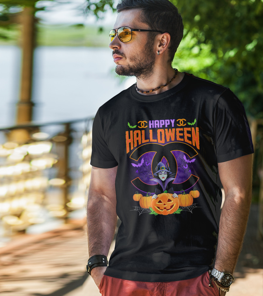 Happy Halloween Maleficent Pumpkins Bats Spiderwebs Double C T-Shirt
