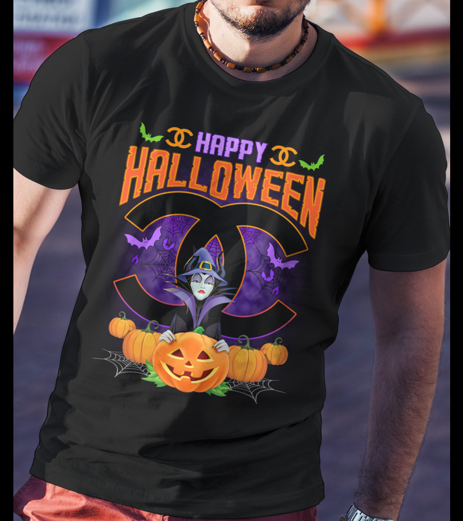 Happy Halloween Maleficent Pumpkins Bats Spiderwebs Double C T-Shirt
