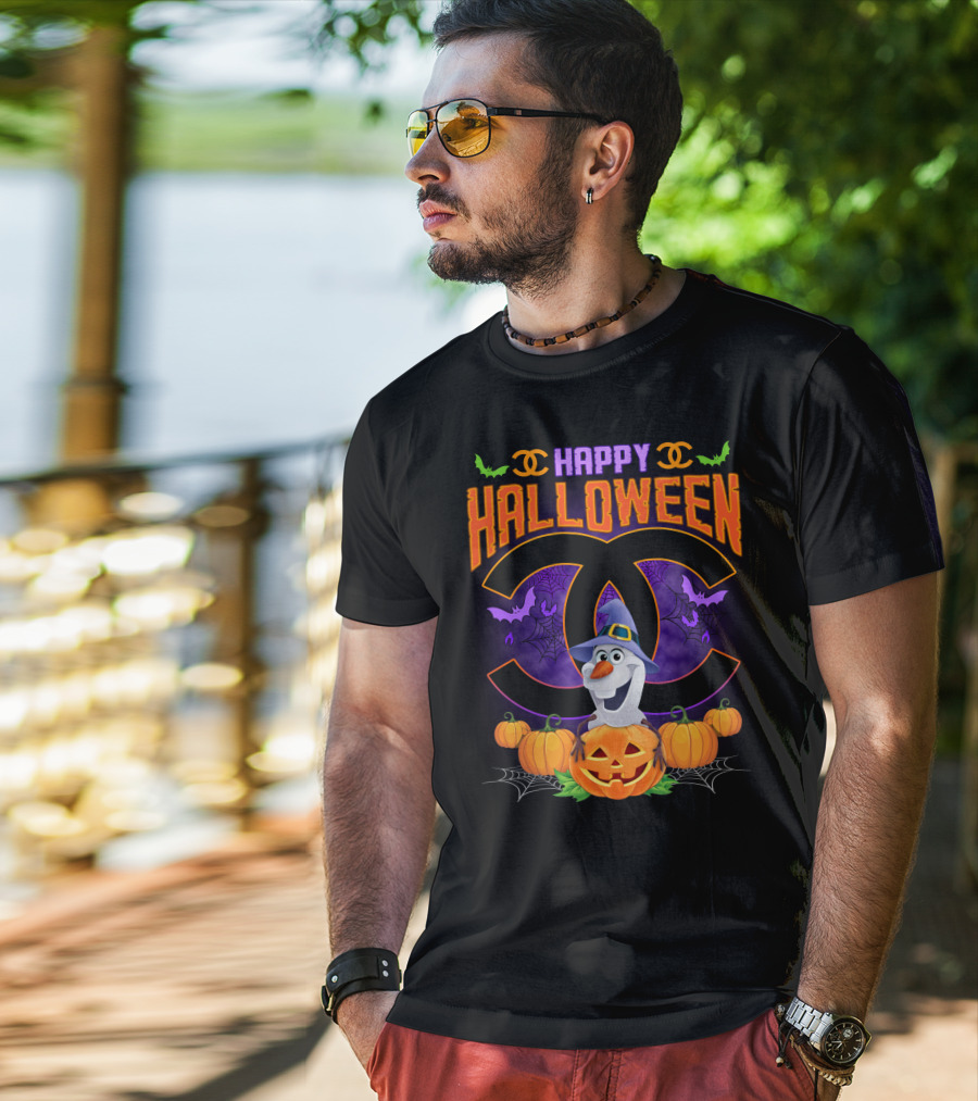 Happy Halloween Olaf Pumpkins Bats Spiders Black T-Shirt