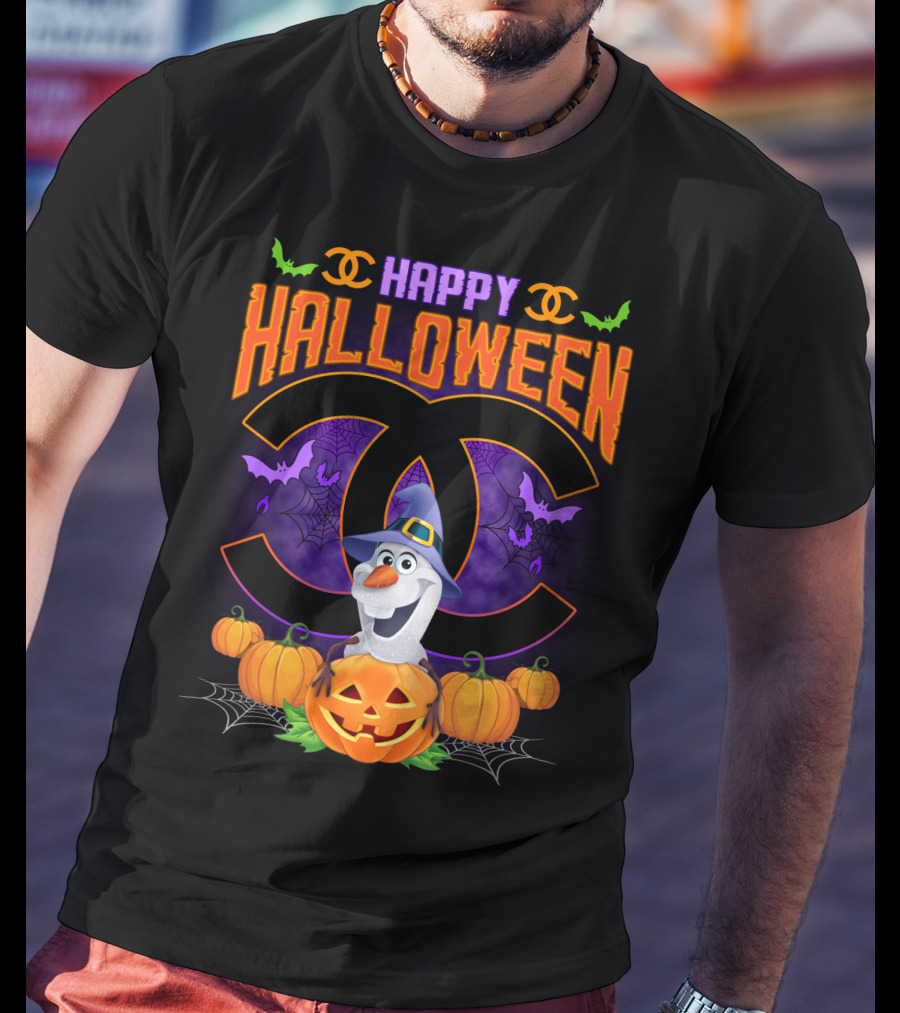 Happy Halloween Olaf Pumpkins Bats Spiders Black T-Shirt