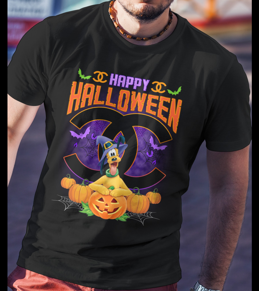 Happy Halloween Pluto Pumpkins Bat Symbols And Spider Webs T-Shirt