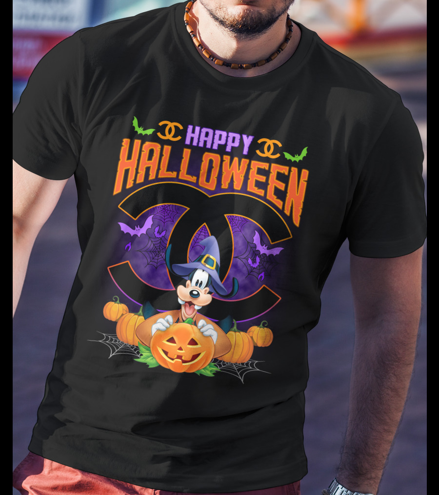 Goofy Happy Halloween Bat Pumpkin Witch Hat Spiderwebs Coco Chanel T-Shirt