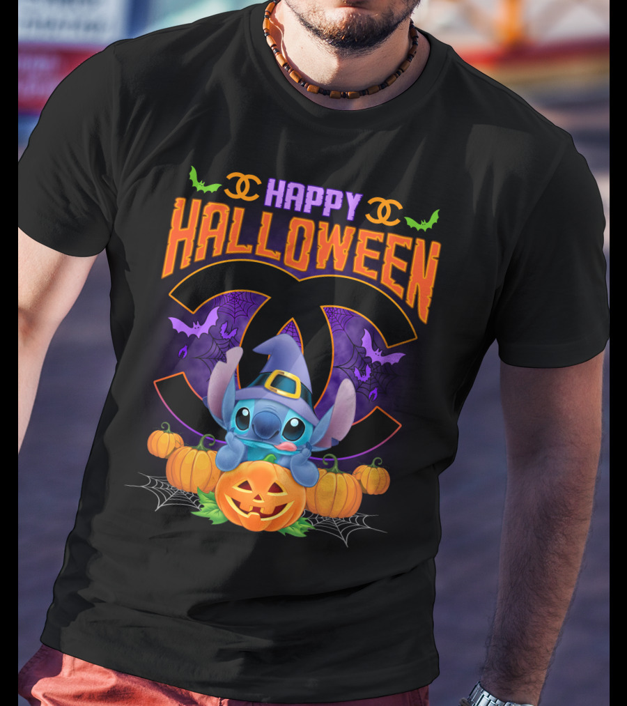 Stitch Happy Halloween Pumpkins And Bats T-Shirt
