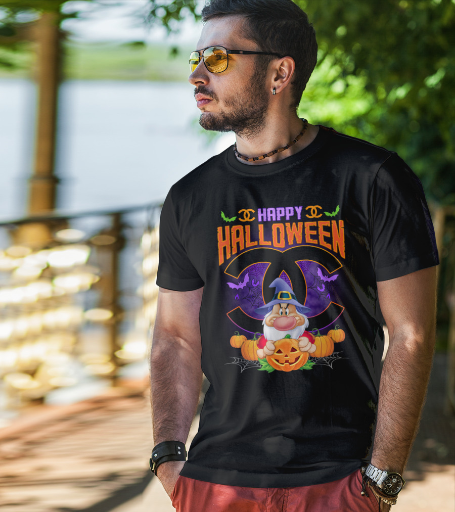 Happy Halloween Grumpy Dwarf With Pumpkins And Bat Accents On Chanel Logo Backdrop T-Shirt