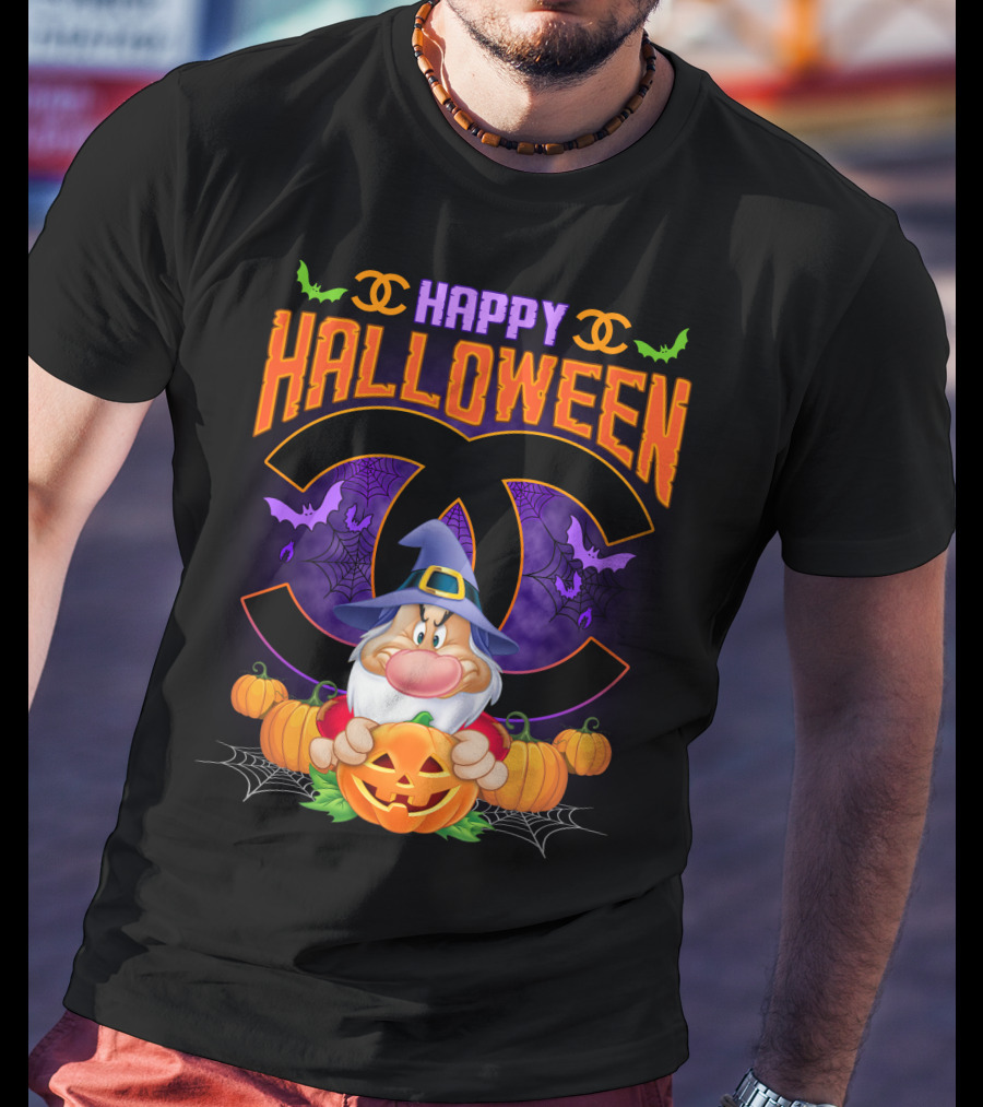 Happy Halloween Grumpy Dwarf With Pumpkins And Bat Accents On Chanel Logo Backdrop T-Shirt