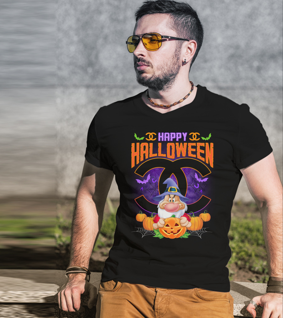 Happy Halloween Grumpy Dwarf With Pumpkins And Bat Accents On Chanel Logo Backdrop T-Shirt