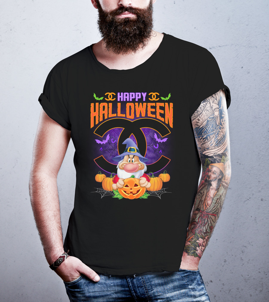 Happy Halloween Grumpy Dwarf With Pumpkins And Bat Accents On Chanel Logo Backdrop T-Shirt