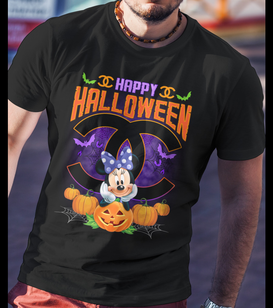Minnie Happy Halloween Pumpkins Bat Spiderwebs Bow T-Shirt