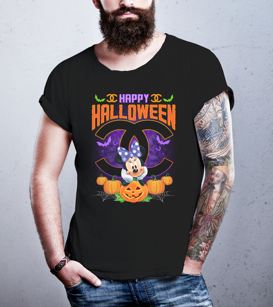 Minnie Happy Halloween Pumpkins Bat Spiderwebs Bow T-Shirt