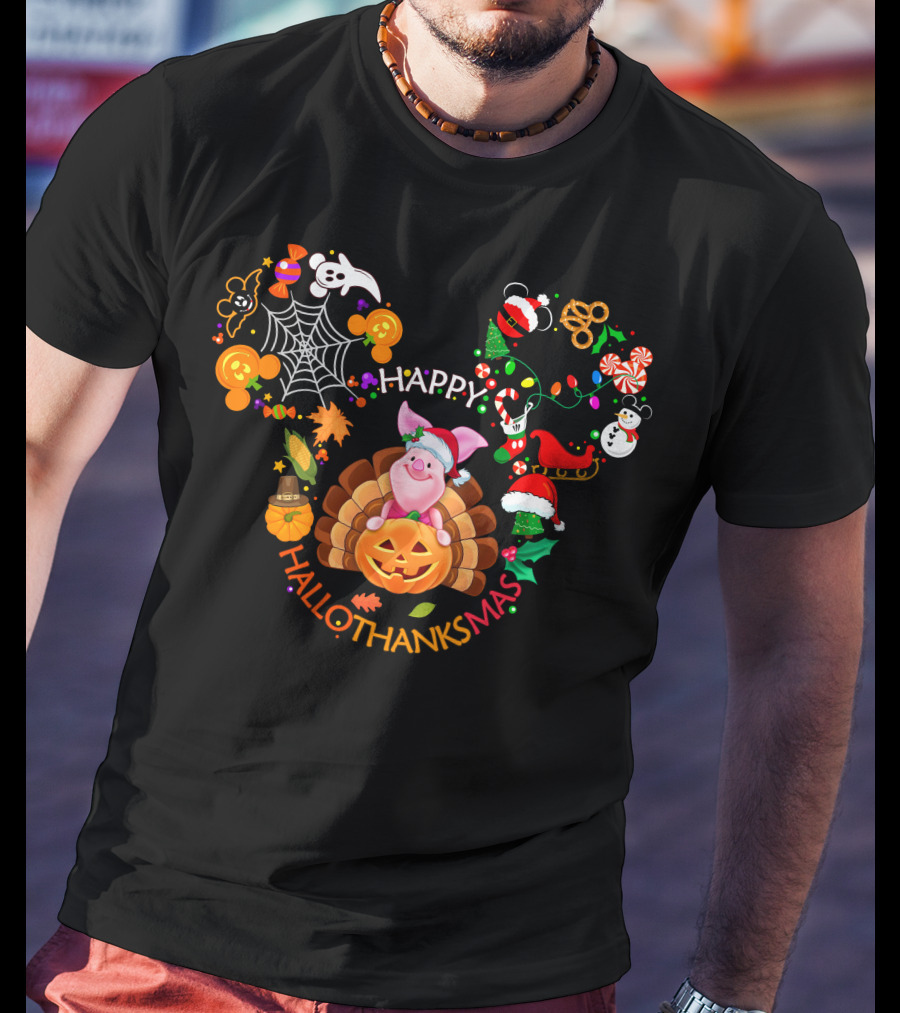 Happy Hallothanksmas Piglet Holiday Festive Celebration T-Shirt