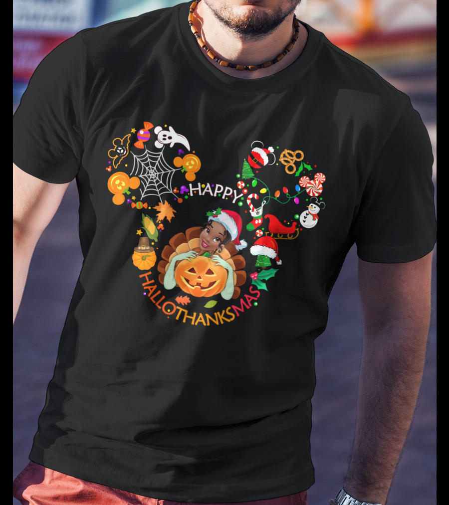 Tiana Happy Hallothanksmas Pumpkin Christmas Halloween Thanksgiving T-Shirt