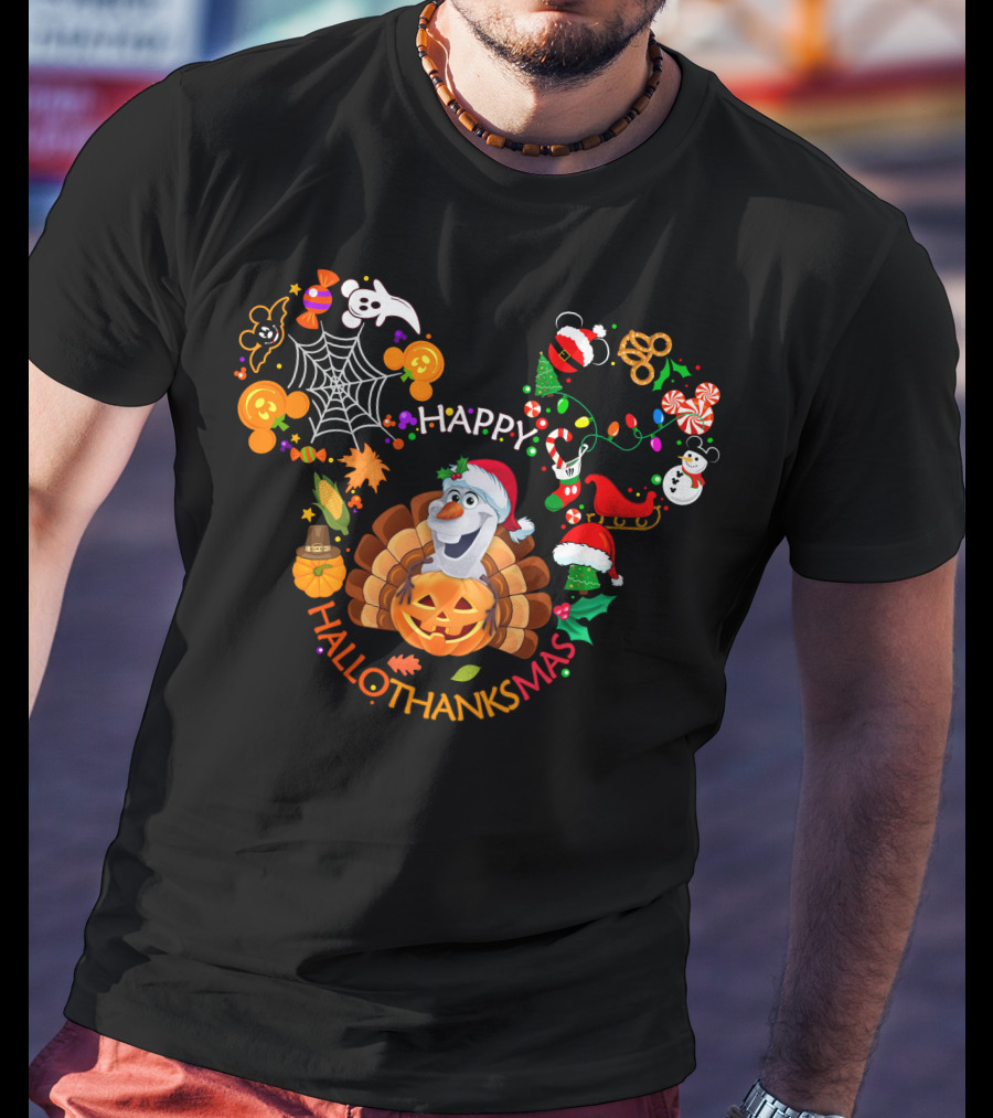 Happy Hallothanksmas Olaf Pumpkin Turkey Santa Hat T-Shirt