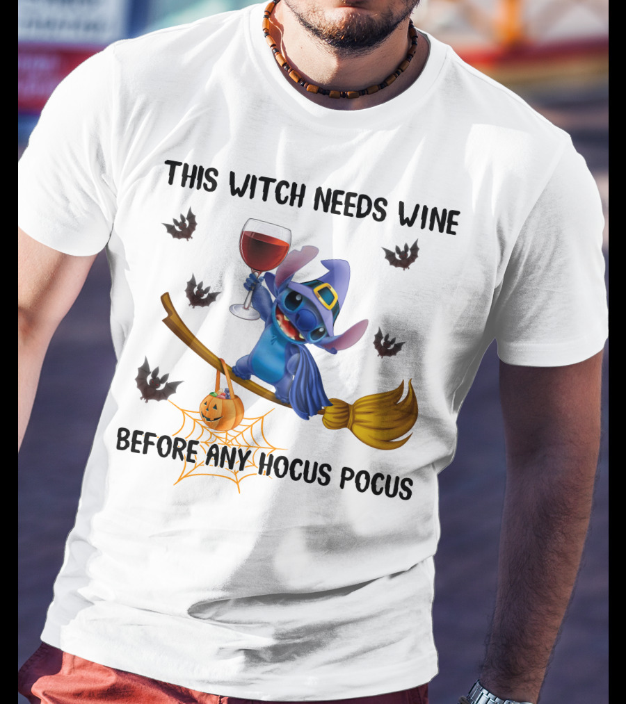 This Witch Needs Wine Before Any Hocus Pocus Stitch Broom Jack O' Lantern Bat T-Shirt
